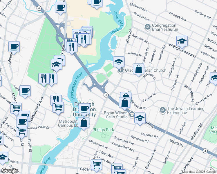 map of restaurants, bars, coffee shops, grocery stores, and more near 1140 River Road in Teaneck