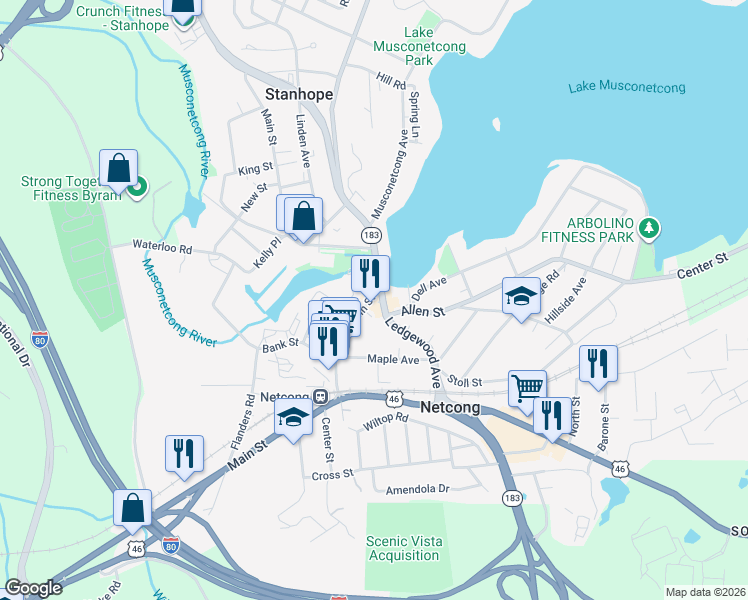map of restaurants, bars, coffee shops, grocery stores, and more near 7 Ledgewood Avenue in Netcong
