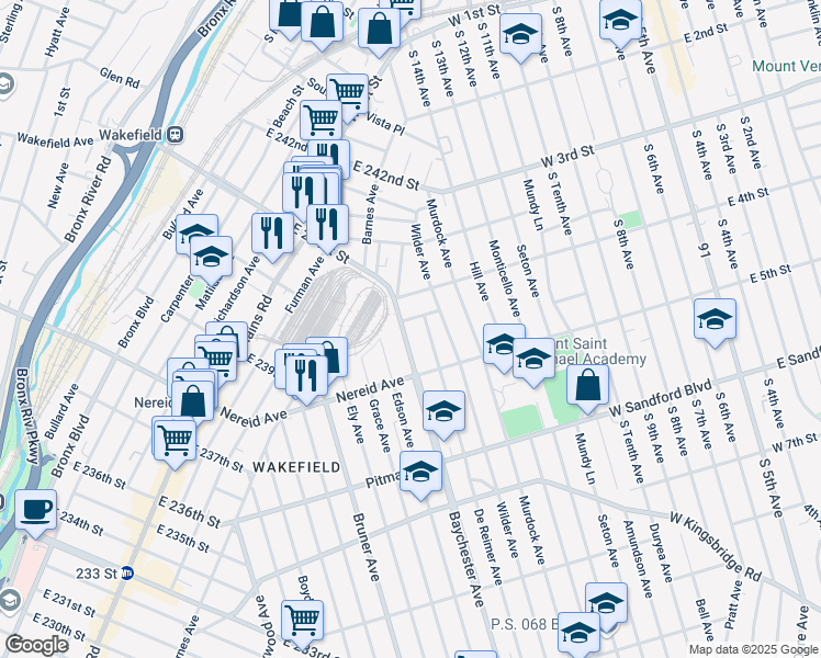 map of restaurants, bars, coffee shops, grocery stores, and more near 4446 Baychester Avenue in Bronx