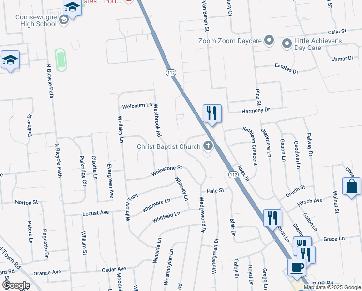 map of restaurants, bars, coffee shops, grocery stores, and more near 4 Wyman Court in Coram