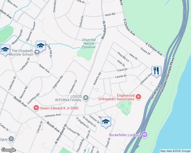 map of restaurants, bars, coffee shops, grocery stores, and more near 59 Roberts Road in Englewood Cliffs