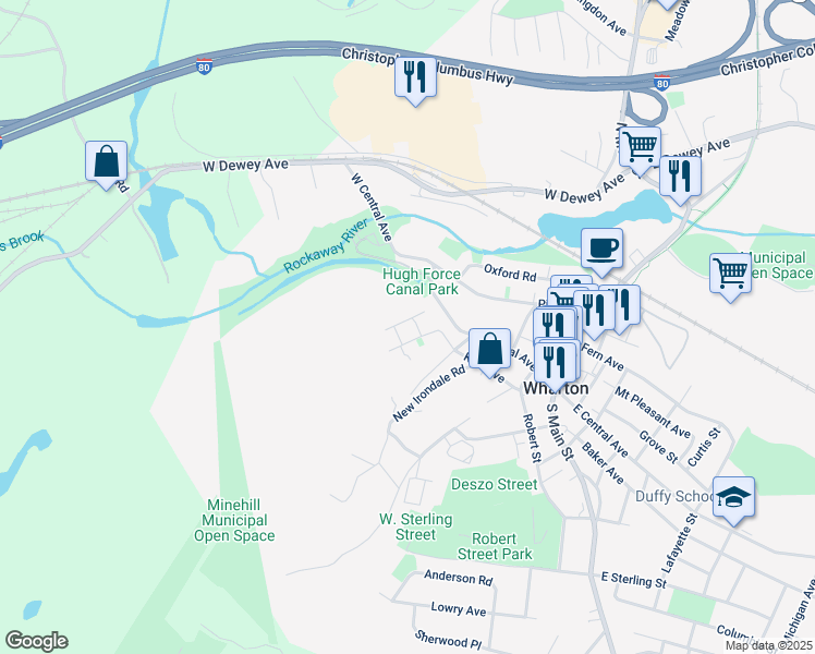 map of restaurants, bars, coffee shops, grocery stores, and more near 14 Laurel Street in Wharton