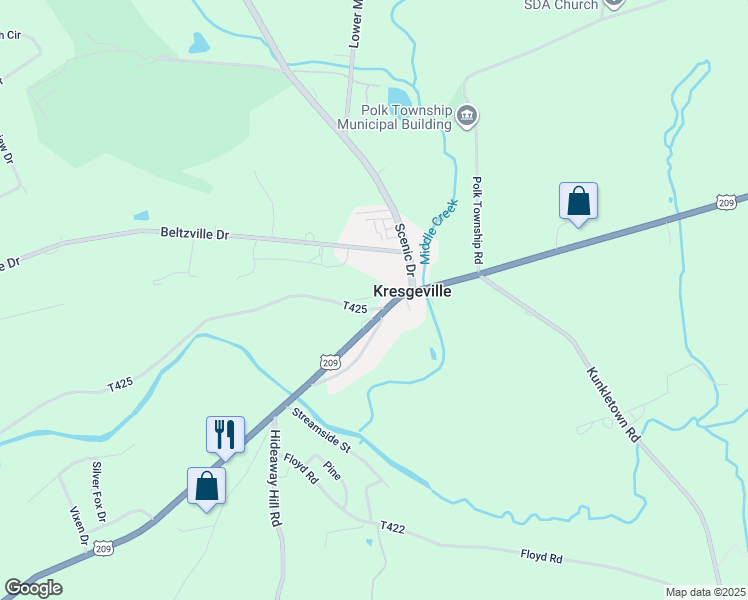 map of restaurants, bars, coffee shops, grocery stores, and more near 504 Whitey B Drive in Kunkletown
