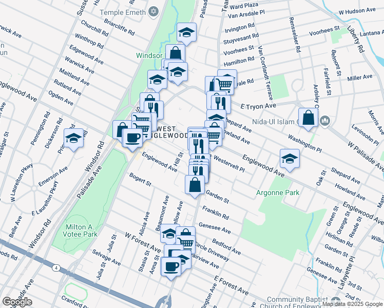 map of restaurants, bars, coffee shops, grocery stores, and more near 1419 Lozier Place in Teaneck