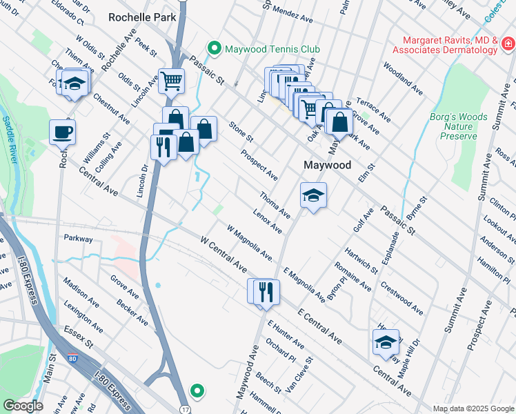 map of restaurants, bars, coffee shops, grocery stores, and more near 55 Lenox Avenue in Maywood