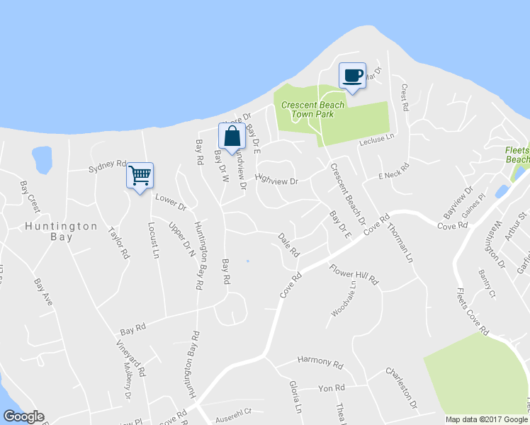 map of restaurants, bars, coffee shops, grocery stores, and more near 78 Bay Drive East in Huntington