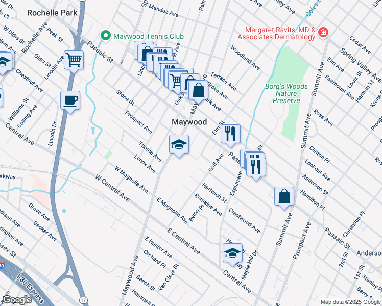 map of restaurants, bars, coffee shops, grocery stores, and more near 447 South Elm Street in Maywood