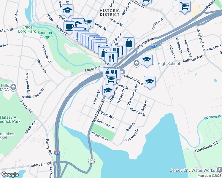 map of restaurants, bars, coffee shops, grocery stores, and more near 224 Washington Street in Boonton
