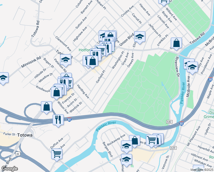 map of restaurants, bars, coffee shops, grocery stores, and more near 150 Washington Place in Totowa