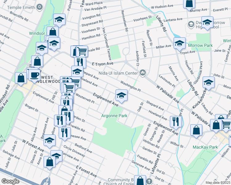 map of restaurants, bars, coffee shops, grocery stores, and more near 153 Howland Avenue in Teaneck