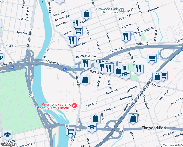 map of restaurants, bars, coffee shops, grocery stores, and more near 182 Market Street in Elmwood Park
