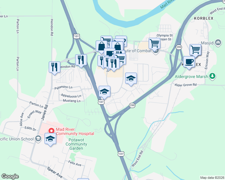map of restaurants, bars, coffee shops, grocery stores, and more near 4144 Valley East Boulevard in Arcata