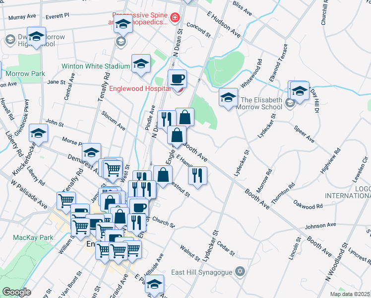 map of restaurants, bars, coffee shops, grocery stores, and more near 72 Booth Avenue in Englewood