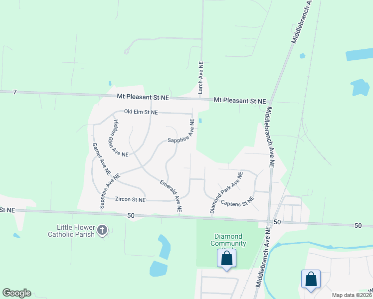map of restaurants, bars, coffee shops, grocery stores, and more near 2534 Zircon St NE in Canton