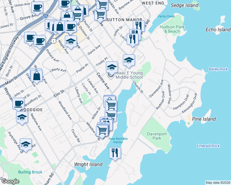 map of restaurants, bars, coffee shops, grocery stores, and more near 266 Pelham Road in New Rochelle