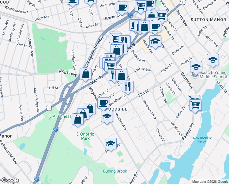 map of restaurants, bars, coffee shops, grocery stores, and more near 33 Bayard Street in New Rochelle