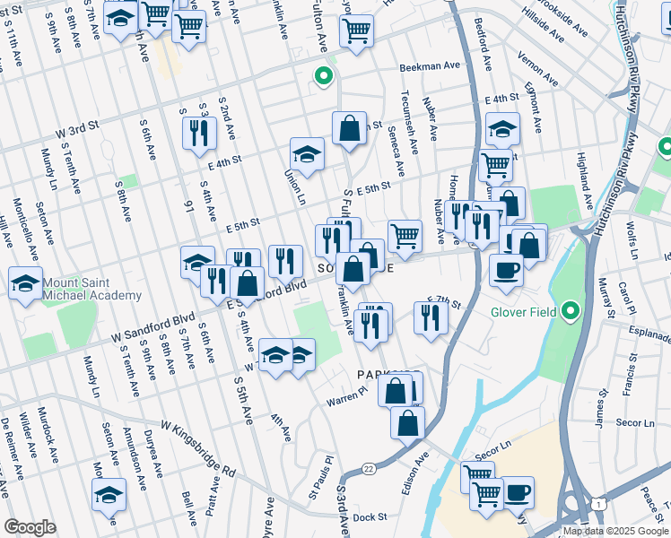 map of restaurants, bars, coffee shops, grocery stores, and more near 111 East Sandford Boulevard in Mount Vernon