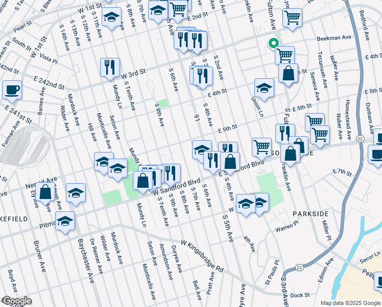 map of restaurants, bars, coffee shops, grocery stores, and more near 424 South 7th Avenue in Mount Vernon