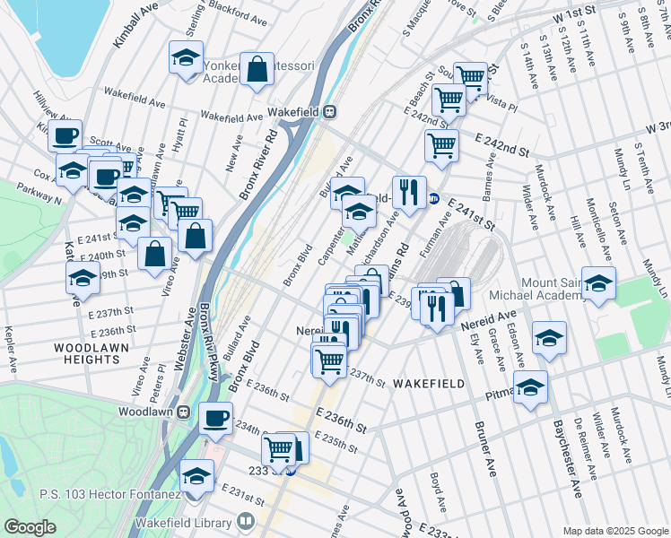 map of restaurants, bars, coffee shops, grocery stores, and more near 4449 Matilda Avenue in Bronx