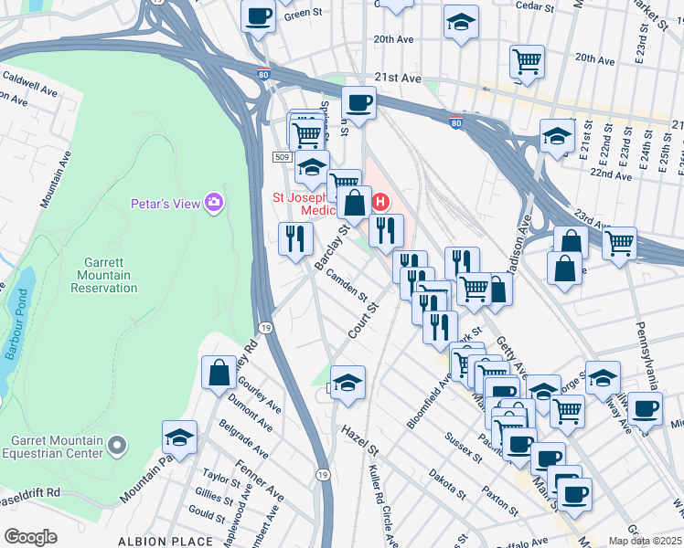 map of restaurants, bars, coffee shops, grocery stores, and more near 725 Camden Street in Paterson