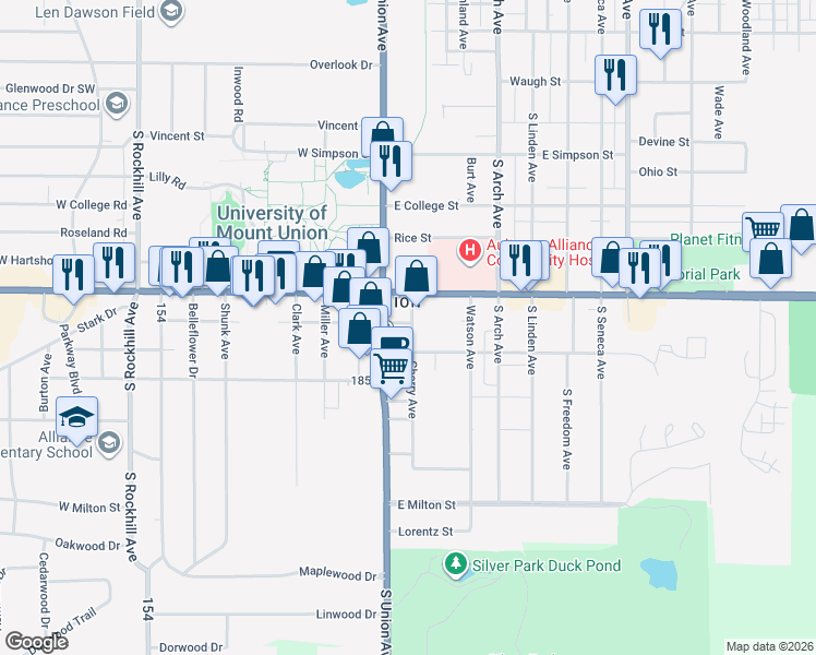 map of restaurants, bars, coffee shops, grocery stores, and more near 2121 Cherry Avenue in Alliance
