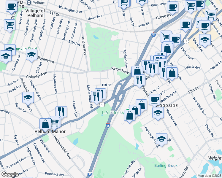 map of restaurants, bars, coffee shops, grocery stores, and more near 9 Cleveland Court in New Rochelle