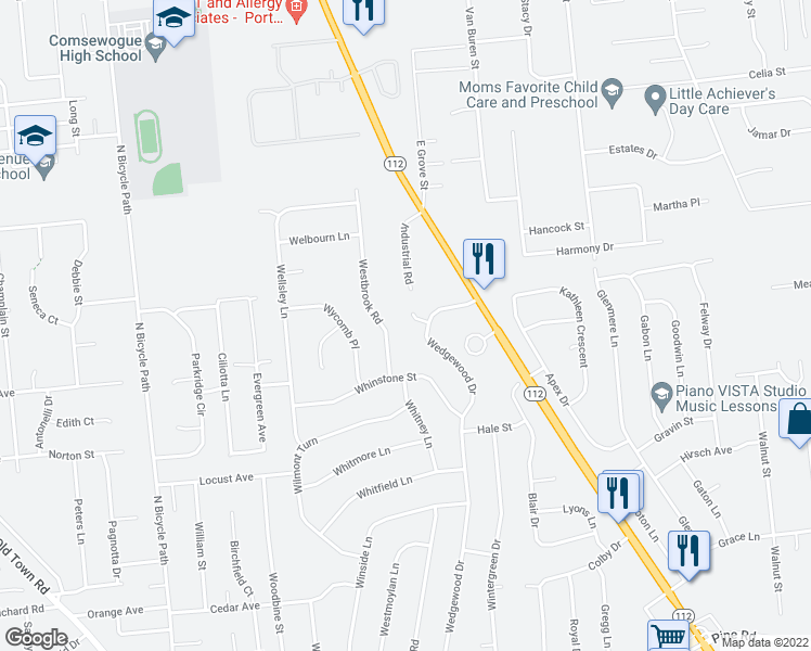 map of restaurants, bars, coffee shops, grocery stores, and more near 4 Wyman Court in Coram