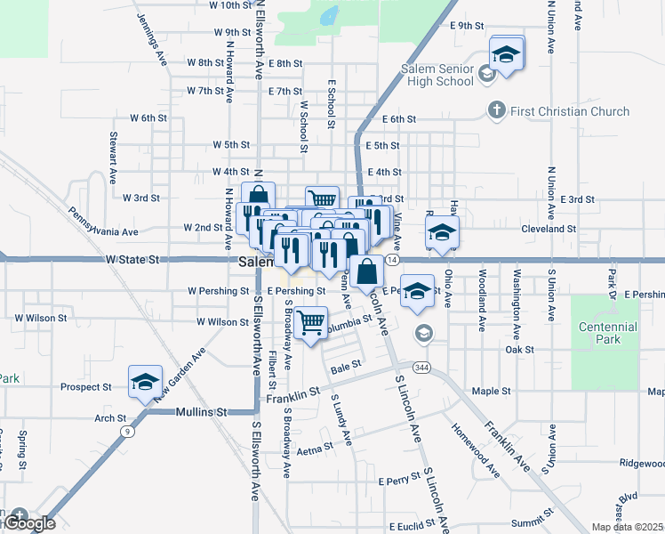 map of restaurants, bars, coffee shops, grocery stores, and more near 553 East State Street in Salem