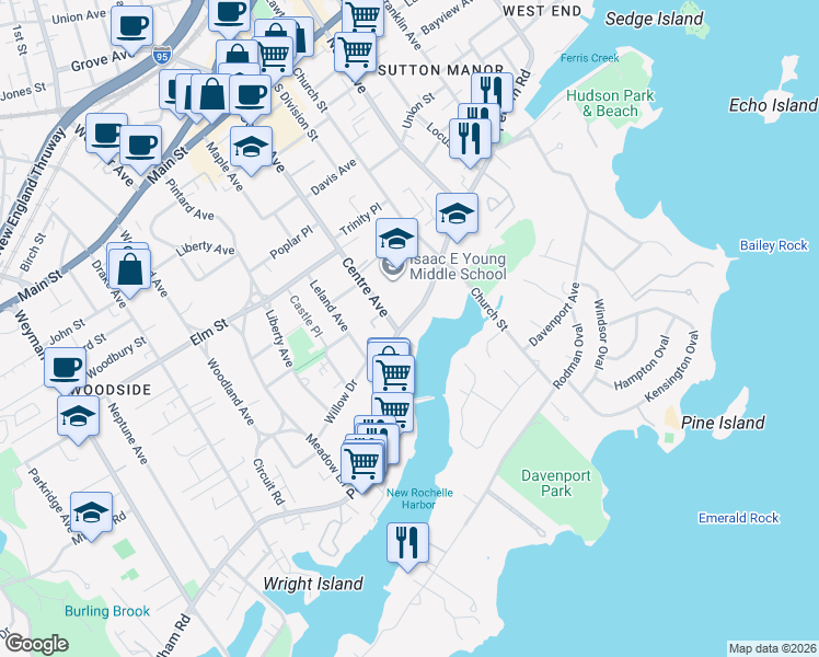 map of restaurants, bars, coffee shops, grocery stores, and more near 266 Pelham Road in New Rochelle