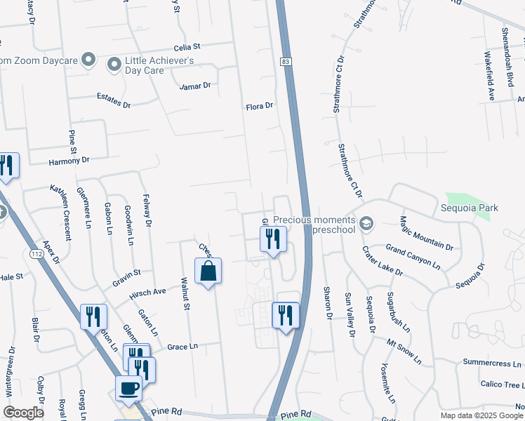 map of restaurants, bars, coffee shops, grocery stores, and more near 193 Pointe Circle North in Coram