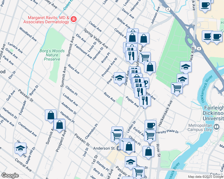 map of restaurants, bars, coffee shops, grocery stores, and more near 115 Poplar Avenue in Hackensack