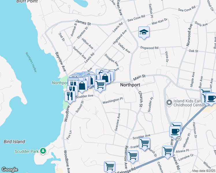 map of restaurants, bars, coffee shops, grocery stores, and more near 240 Main Street in Northport