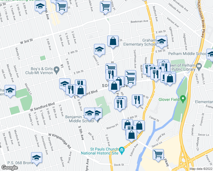 map of restaurants, bars, coffee shops, grocery stores, and more near 111 East Sandford Boulevard in Mount Vernon