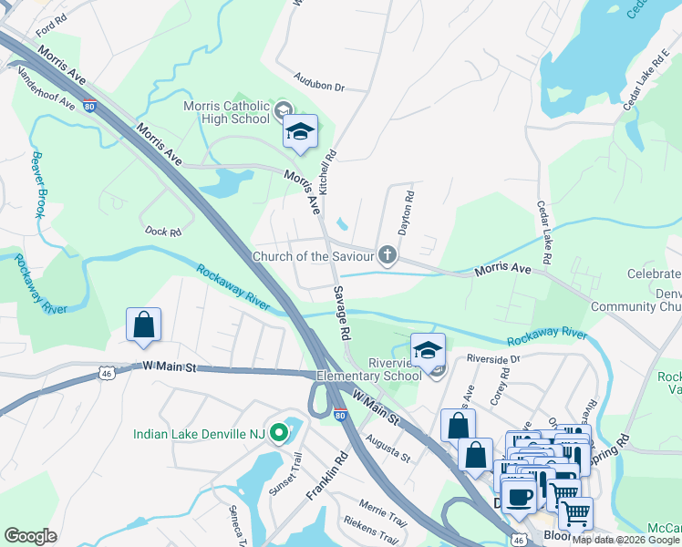 map of restaurants, bars, coffee shops, grocery stores, and more near 66 Savage Road in Denville