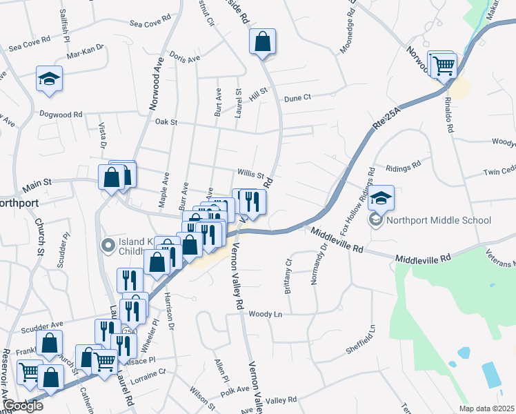 map of restaurants, bars, coffee shops, grocery stores, and more near 9 Layne Way in Northport