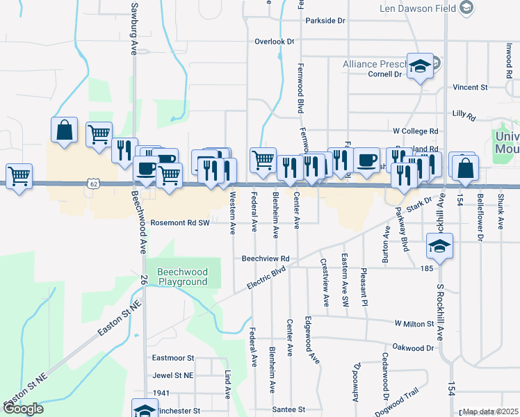 map of restaurants, bars, coffee shops, grocery stores, and more near 2091 Federal Avenue in Alliance