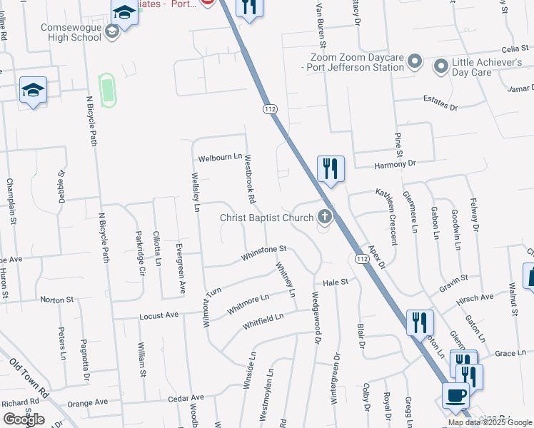 map of restaurants, bars, coffee shops, grocery stores, and more near 9 Westbrook Road in Coram