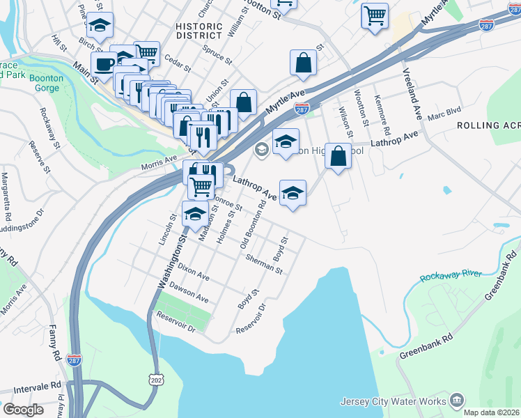 map of restaurants, bars, coffee shops, grocery stores, and more near 317 Monroe Street in Boonton