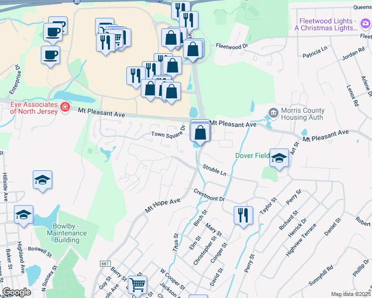 map of restaurants, bars, coffee shops, grocery stores, and more near 31 Schindler Drive in Rockaway