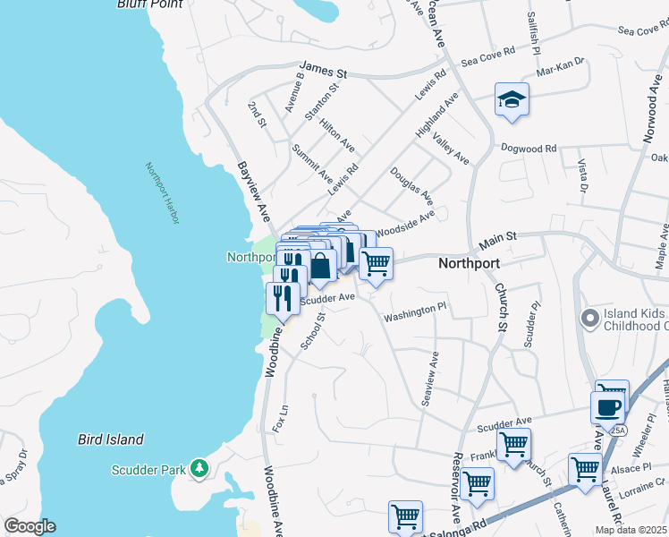 map of restaurants, bars, coffee shops, grocery stores, and more near 105 Main Street in Northport