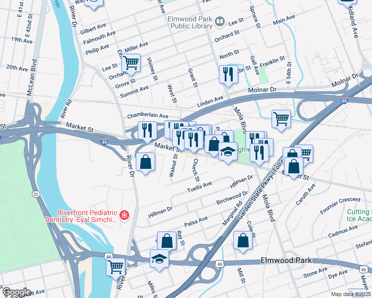 map of restaurants, bars, coffee shops, grocery stores, and more near in Elmwood Park