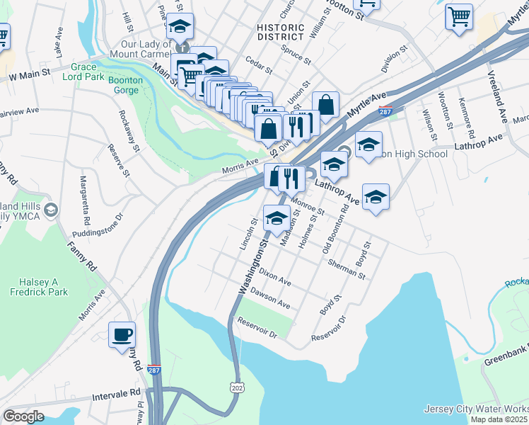 map of restaurants, bars, coffee shops, grocery stores, and more near 132 Lincoln Street in Boonton Township