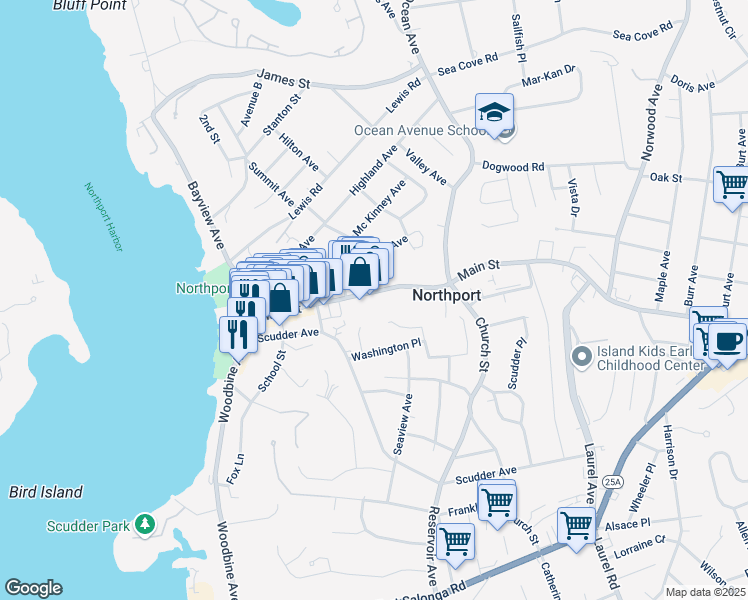 map of restaurants, bars, coffee shops, grocery stores, and more near 240 Main Street in Northport
