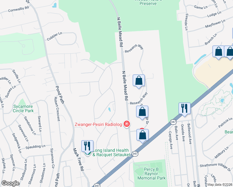 map of restaurants, bars, coffee shops, grocery stores, and more near 57 Varsity Boulevard in Setauket- East Setauket