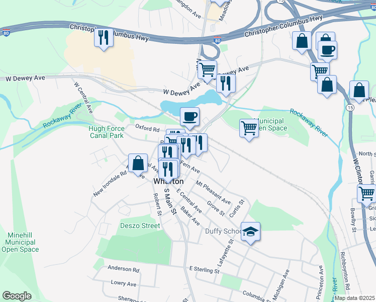 map of restaurants, bars, coffee shops, grocery stores, and more near 19 Kossuth Avenue in Wharton