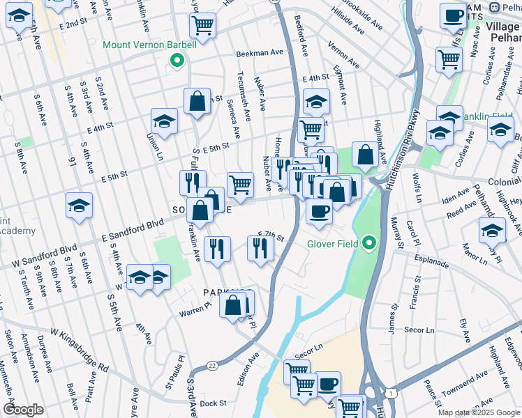 map of restaurants, bars, coffee shops, grocery stores, and more near 550 Homestead Avenue in Mount Vernon