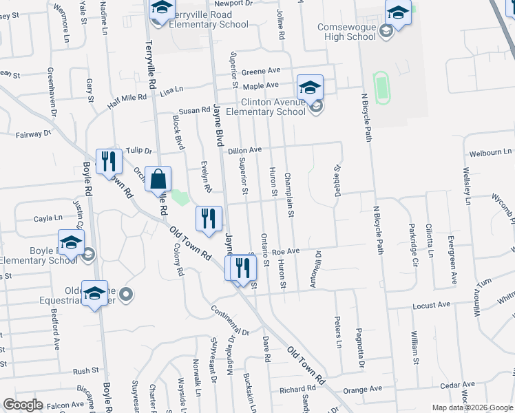 map of restaurants, bars, coffee shops, grocery stores, and more near 37 Ontario Street in Port Jefferson Station