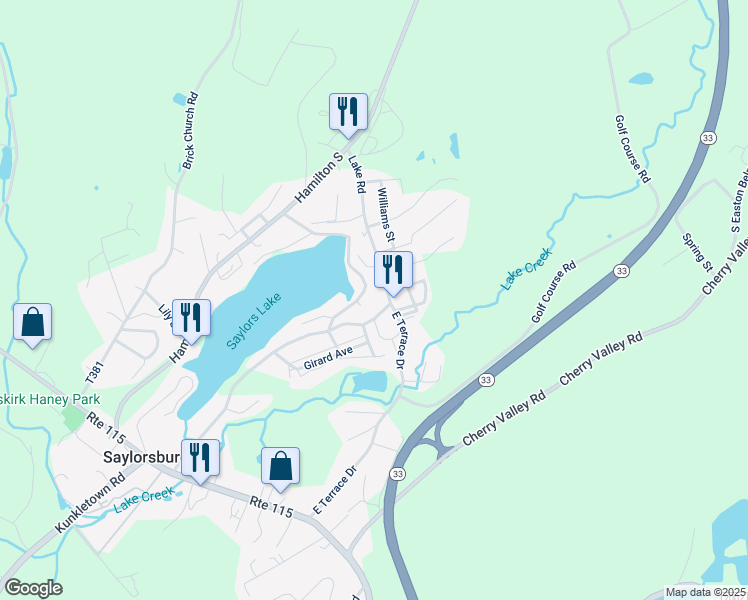 map of restaurants, bars, coffee shops, grocery stores, and more near 219 Clubhouse Road in Saylorsburg