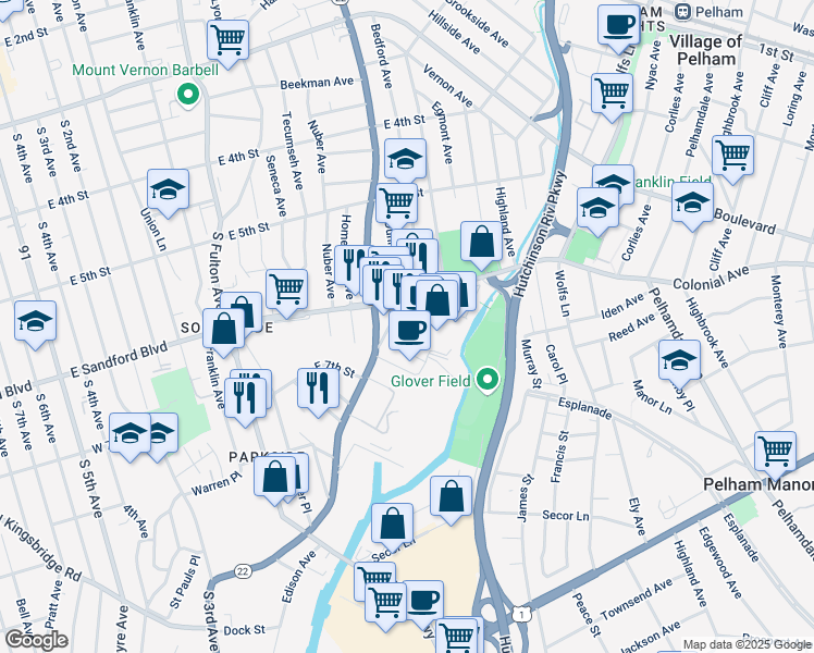 map of restaurants, bars, coffee shops, grocery stores, and more near 25-57 Colonial Place in Mount Vernon