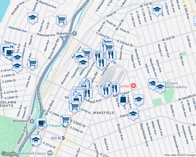 map of restaurants, bars, coffee shops, grocery stores, and more near 4543 Furman Avenue in The Bronx